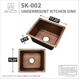 ANZZI SK-002 Aquileia Drop-in Handmade Copper 17 in. 0-Hole Single Bowl Kitchen Sink in Hammered Antique Copper