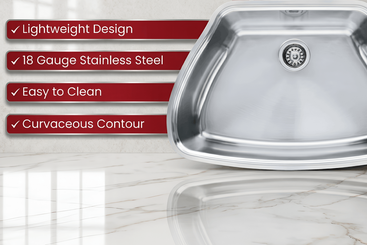 Stainless steel kitchen sink with Franke's Centennial branding and feature list on a light background