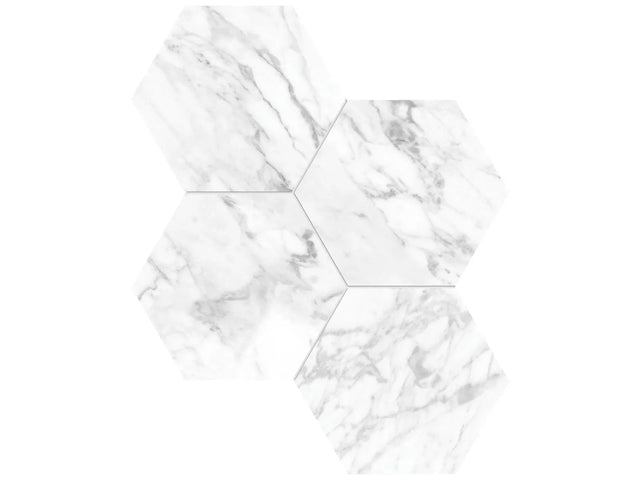 Anatolia Tile 6" Hexagon La Marca Statuarietto Honed & Rectified Porcelain Mosaic - 1 Sheet = .797 - 4501-0332-0" Statuarietto 6" Hexagon Honed - premium natural stone mosaic tile from Anatolia Tile, available at PoshHaus showroom in Keene, NH