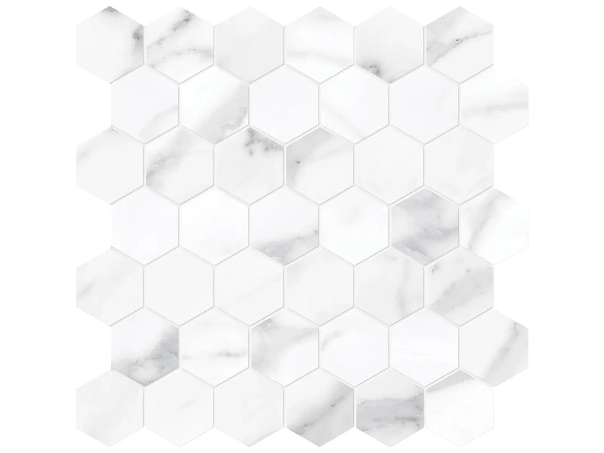 Anatolia Tile La Marca 2 Inch Hexagon Statuario Honed Porcelain Mosaics. 1 Sheet = .96 Sq. Ft. 4501-0356-0 Statuario Nuovo 2" Hexagon Honed - premium natural stone mosaic tile from Anatolia Tile, available at PoshHaus showroom in Keene, NH