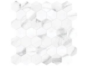 Anatolia Tile La Marca 2 Inch Hexagon Statuario Honed Porcelain Mosaics. 1 Sheet = .96 Sq. Ft. 4501-0356-0 Statuario Nuovo 2" Hexagon Honed - premium natural stone mosaic tile from Anatolia Tile, available at PoshHaus showroom in Keene, NH