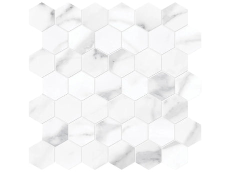 Anatolia Tile La Marca 2 Inch Hexagon Statuario Honed Porcelain Mosaics. 1 Sheet = .96 Sq. Ft. 4501-0356-0 Statuario Nuovo 2" Hexagon Honed - premium natural stone mosaic tile from Anatolia Tile, available at PoshHaus showroom in Keene, NH
