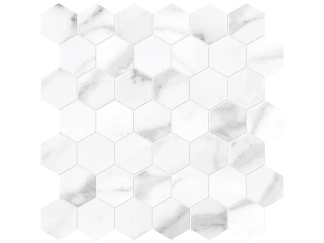Anatolia Tile La Marca 2 Inch Hexagon Statuario Honed Porcelain Mosaics. 1 Sheet = .96 Sq. Ft. 4501-0356-0 Statuario Nuovo 2" Hexagon Honed - premium natural stone mosaic tile from Anatolia Tile, available at PoshHaus showroom in Keene, NH