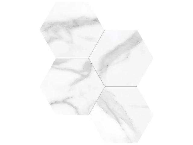 Anatolia Tile 6" Hexagon La Marca Statuario Polished & Rectified Porcelain Mosaic - 1 Sheet = .797 - 4501-0329-0" Statuario Nuovo 6" Hexagon Polished - premium natural stone mosaic tile from Anatolia Tile, available at PoshHaus showroom in Keene, NH