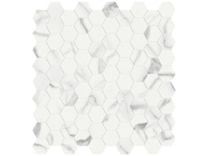 Anatolia Tile 1.25 Inch Mayfair Statuario Venato Polished Porcelain Hexagon Mosaics. 1 Sheet = .97 Sq. Ft. 4501-0147-1 Statuario Venato 1.25" Hexagon - premium natural stone mosaic tile from Anatolia Tile, available at PoshHaus showroom in Keene, NH