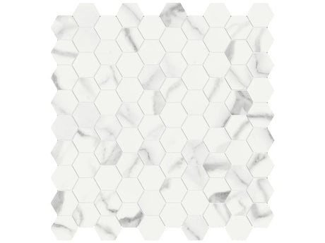 Anatolia Tile 1.25 Inch Mayfair Statuario Venato Polished Porcelain Hexagon Mosaics. 1 Sheet = .97 Sq. Ft. 4501-0147-1 Statuario Venato 1.25" Hexagon - premium natural stone mosaic tile from Anatolia Tile, available at PoshHaus showroom in Keene, NH