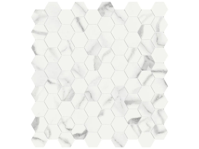 Anatolia Tile 1.25 Inch Mayfair Statuario Venato Polished Porcelain Hexagon Mosaics. 1 Sheet = .97 Sq. Ft. 4501-0147-1 Statuario Venato 1.25" Hexagon - premium natural stone mosaic tile from Anatolia Tile, available at PoshHaus showroom in Keene, NH