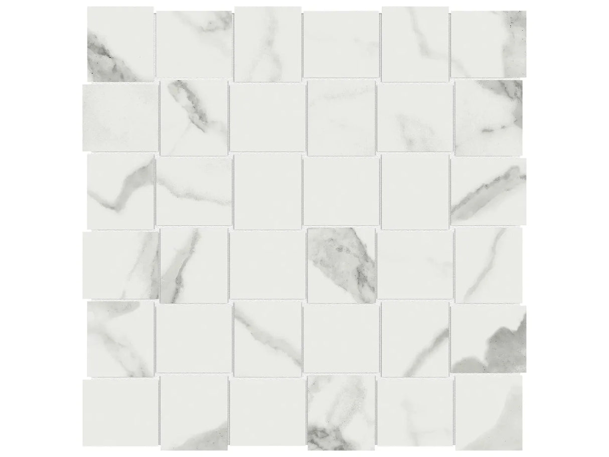 Anatolia Tile 2X2 Basketweave Mayfair Statuario Venato Polished Porcelain Mosaics. 1 Sheet = .98 Sq. Ft. 4501-0140-1 Statuario Venato 2x2 Basketweave Polished - premium natural stone mosaic tile from Anatolia Tile, available at PoshHaus showroom in Keene, NH