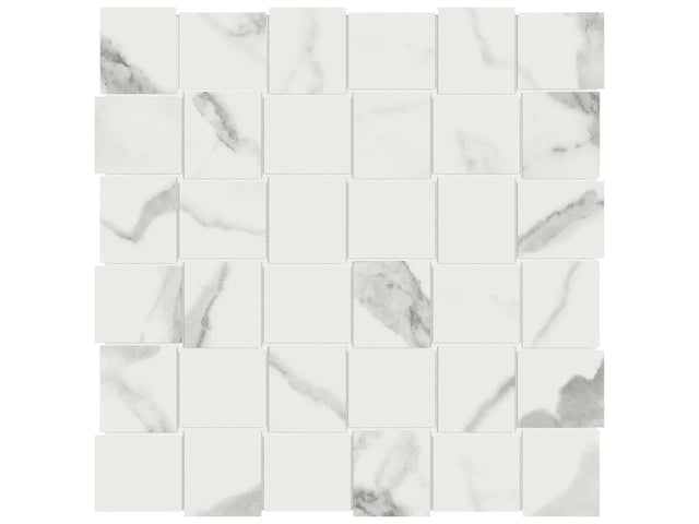 Anatolia Tile 2X2 Basketweave Mayfair Statuario Venato Polished Porcelain Mosaics. 1 Sheet = .98 Sq. Ft. 4501-0140-1 Statuario Venato 2x2 Basketweave Polished - premium natural stone mosaic tile from Anatolia Tile, available at PoshHaus showroom in Keene, NH