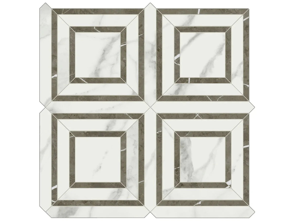 Anatolia Tile Mayfair Statuario Venato Piazza Polished Porcelain Mosaics. 1 Sheet = .96 Sq. Ft. 4501-0154-1 Statuario Venato Piazza - premium natural stone mosaic tile from Anatolia Tile, available at PoshHaus showroom in Keene, NH