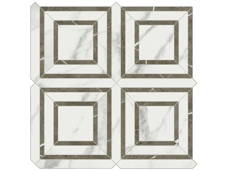 Anatolia Tile Mayfair Statuario Venato Piazza Polished Porcelain Mosaics. 1 Sheet = .96 Sq. Ft. 4501-0154-1 Statuario Venato Piazza - premium natural stone mosaic tile from Anatolia Tile, available at PoshHaus showroom in Keene, NH