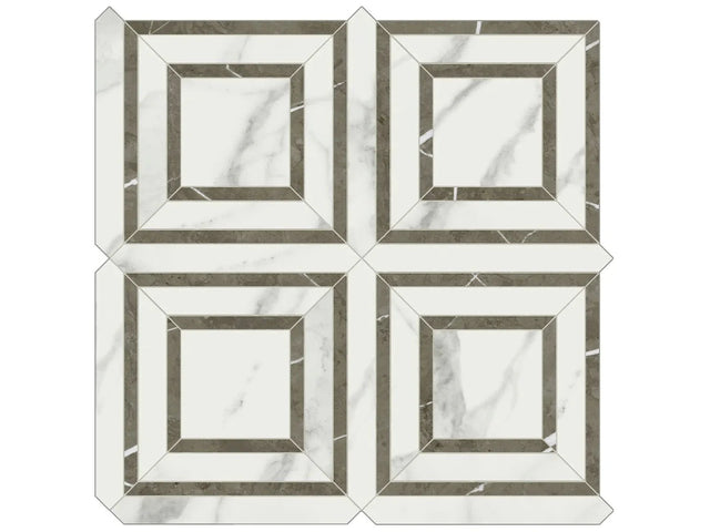 Anatolia Tile Mayfair Statuario Venato Piazza Polished Porcelain Mosaics. 1 Sheet = .96 Sq. Ft. 4501-0154-1 Statuario Venato Piazza - premium natural stone mosaic tile from Anatolia Tile, available at PoshHaus showroom in Keene, NH