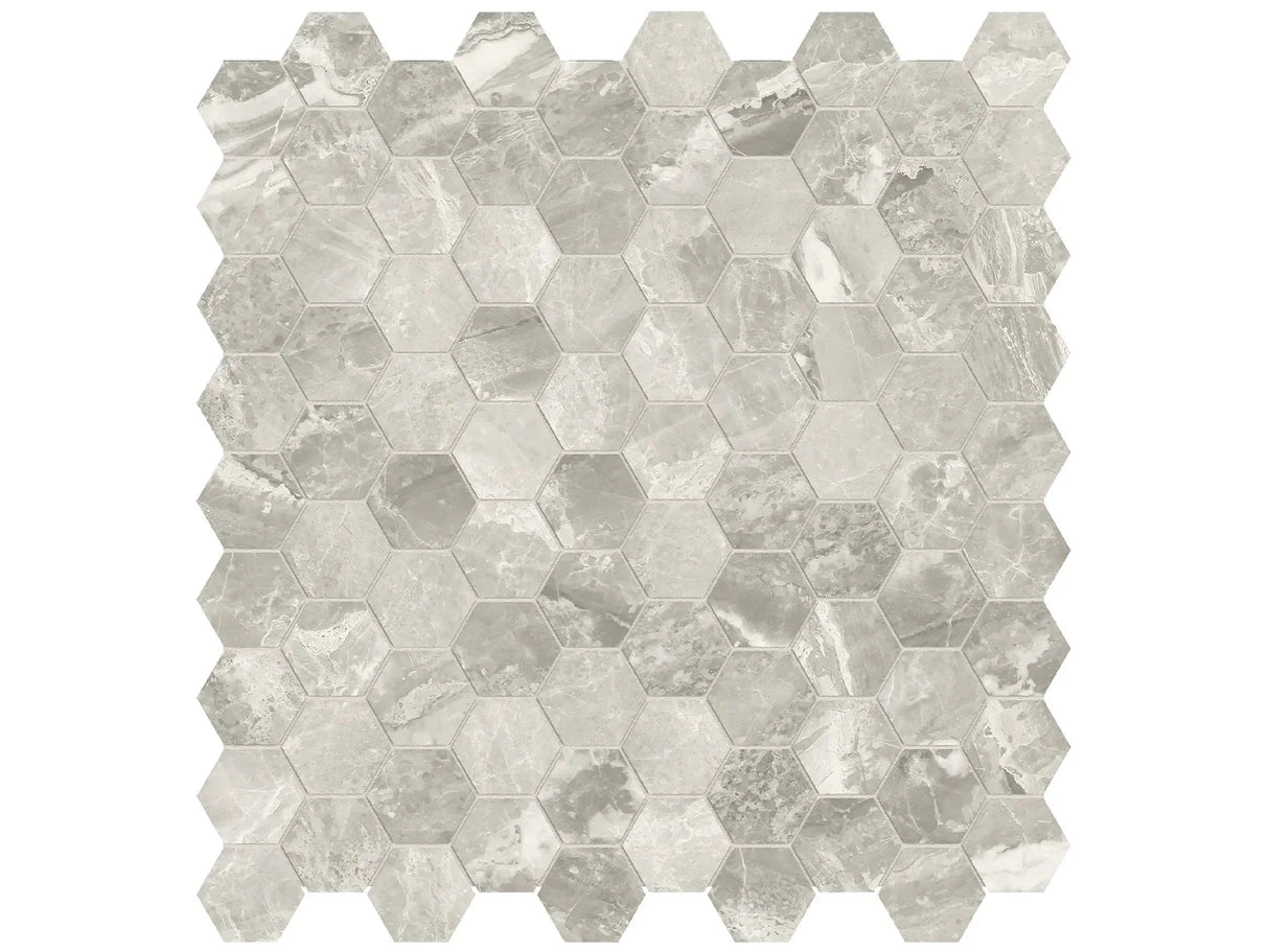Anatolia Tile 1.25 Inch Mayfair Stella Agento Polished Porcelain Hexagon Mosaics. 1 Sheet = .97 Sq. Ft. 4501-0148-1 Stella Argento 1.25" Hexagon - premium natural stone mosaic tile from Anatolia Tile, available at PoshHaus showroom in Keene, NH