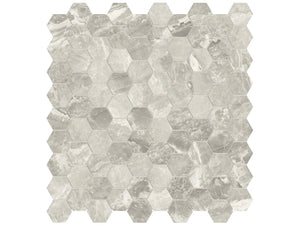 Anatolia Tile 1.25 Inch Mayfair Stella Agento Polished Porcelain Hexagon Mosaics. 1 Sheet = .97 Sq. Ft. 4501-0148-1 Stella Argento 1.25" Hexagon - premium natural stone mosaic tile from Anatolia Tile, available at PoshHaus showroom in Keene, NH