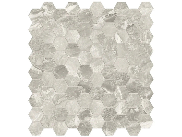 Anatolia Tile 1.25 Inch Mayfair Stella Agento Polished Porcelain Hexagon Mosaics. 1 Sheet = .97 Sq. Ft. 4501-0148-1 Stella Argento 1.25" Hexagon - premium natural stone mosaic tile from Anatolia Tile, available at PoshHaus showroom in Keene, NH