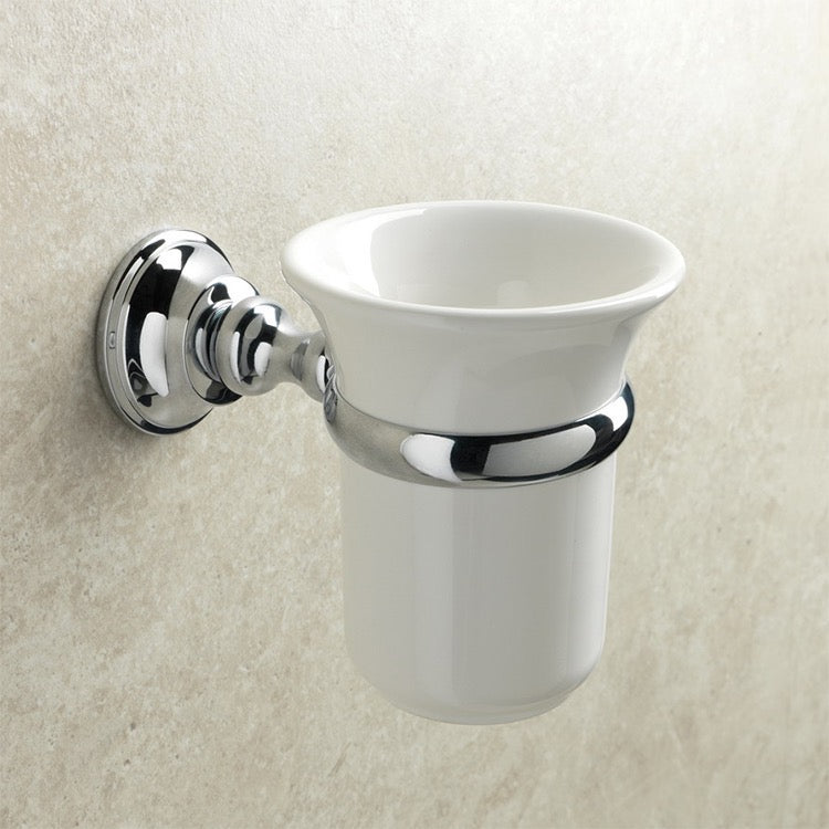 Wall Mounted White Ceramic Toothbrush Holder with Chrome Brass Mounting