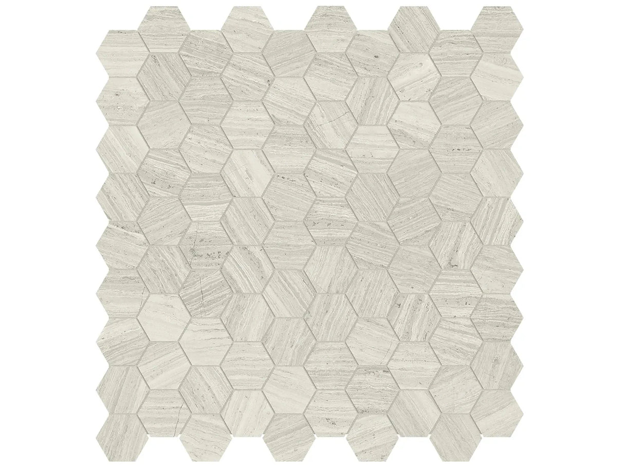 Anatolia Tile 1.25 Inch Mayfair Strada Ash Polished Porcelain Hexagon Mosaics. 1 Sheet = .97 Sq. Ft. 4501-0149-1 Strada Ash 1.25" Hexagon - premium natural stone mosaic tile from Anatolia Tile, available at PoshHaus showroom in Keene, NH