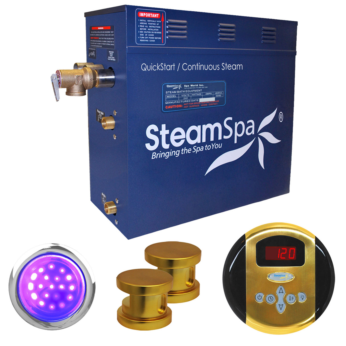 SteamSpa Indulgence 10.5 KW QuickStart Acu-Steam Bath Generator Package in Polished Gold IN1050GD