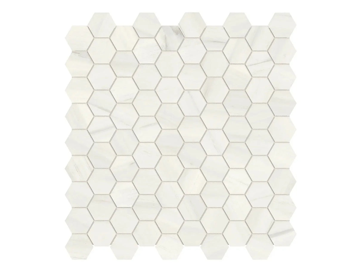 Anatolia Tile 1.25 Inch Mayfair Suave Bianco Polished Porcelain Hexagon Mosaics. 1 Sheet = .97 Sq. Ft. 4501-0150-1 Suave Bianco 1.25" Hexagon - premium natural stone mosaic tile from Anatolia Tile, available at PoshHaus showroom in Keene, NH