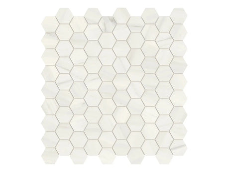 Anatolia Tile 1.25 Inch Mayfair Suave Bianco Polished Porcelain Hexagon Mosaics. 1 Sheet = .97 Sq. Ft. 4501-0150-1 Suave Bianco 1.25" Hexagon - premium natural stone mosaic tile from Anatolia Tile, available at PoshHaus showroom in Keene, NH