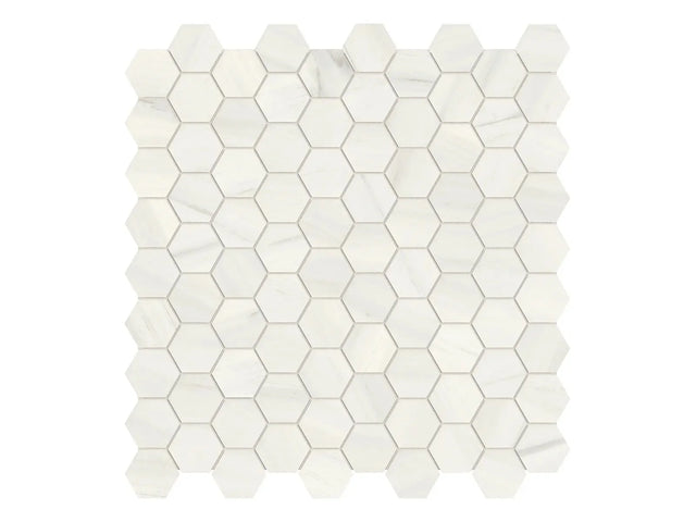 Anatolia Tile 1.25 Inch Mayfair Suave Bianco Polished Porcelain Hexagon Mosaics. 1 Sheet = .97 Sq. Ft. 4501-0150-1 Suave Bianco 1.25" Hexagon - premium natural stone mosaic tile from Anatolia Tile, available at PoshHaus showroom in Keene, NH