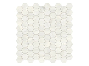 1.25 Inch Mayfair Suave Bianco Polished Porcelain Hexagon Mosaics. 1 Sheet = .97 Sq. Ft. 1.25