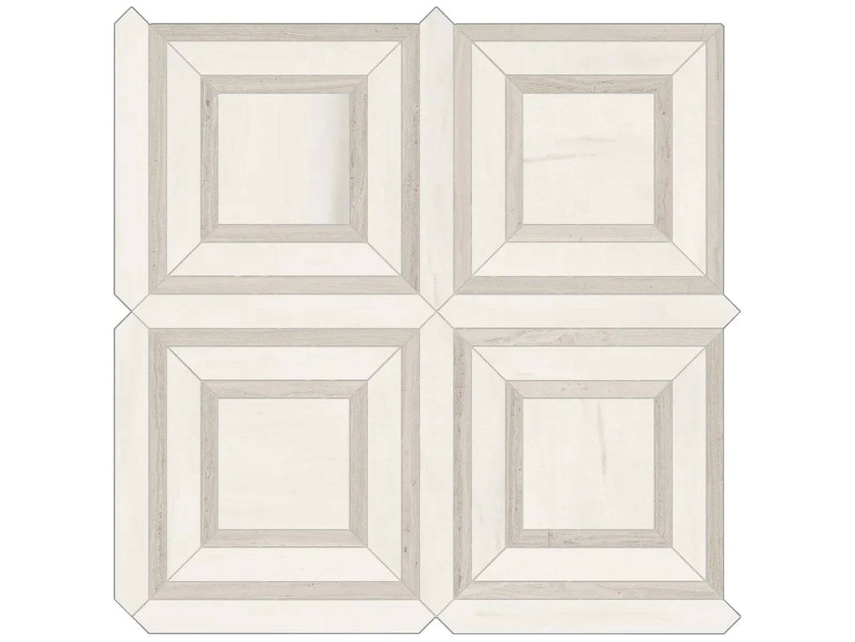 Anatolia Tile Mayfair Suave Bianco Piazza Polished Porcelain Mosaics. 1 Sheet = .96 Sq. Ft. 4501-0156-1 Suave Bianco Piazza - premium natural stone mosaic tile from Anatolia Tile, available at PoshHaus showroom in Keene, NH
