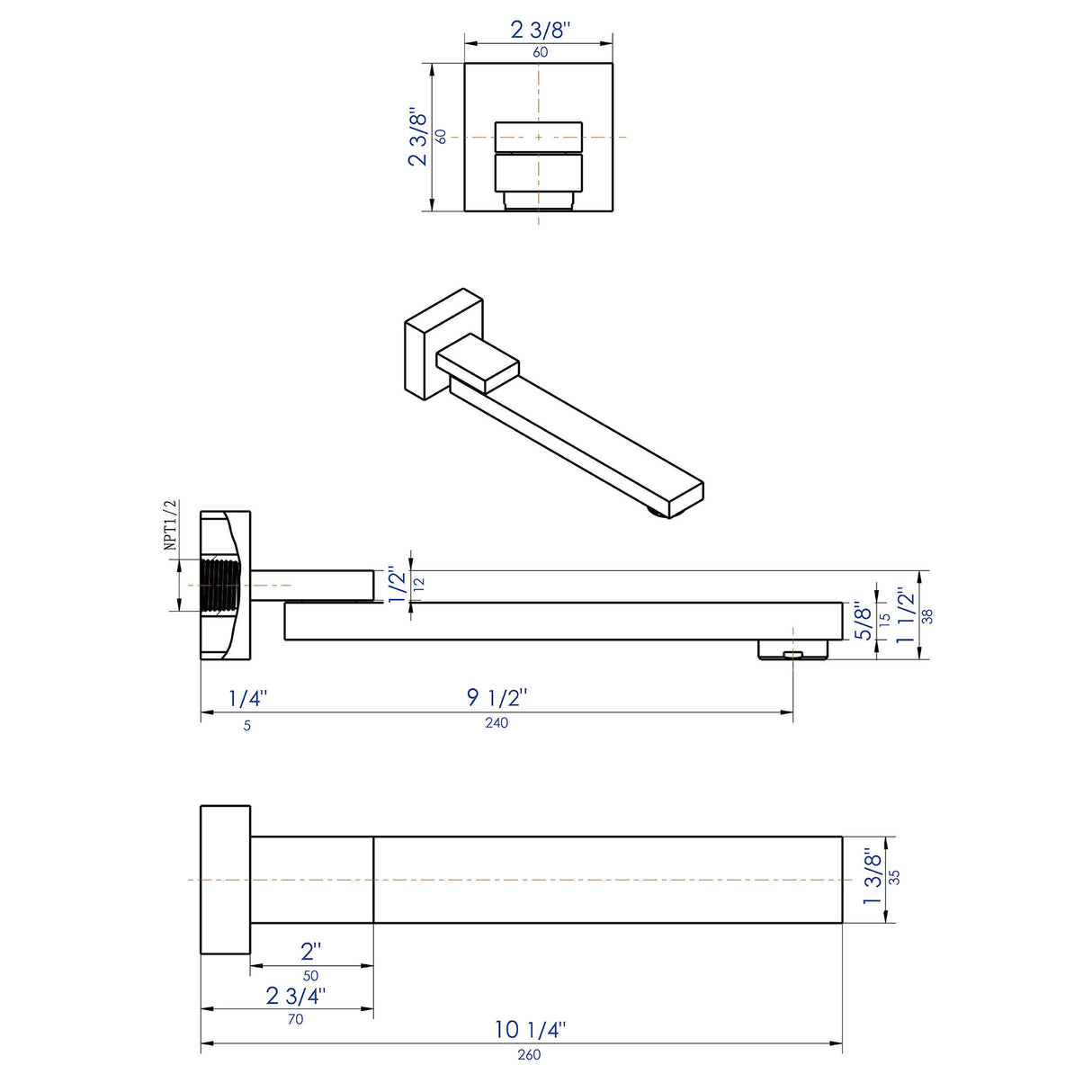 ALFI brand AB7701-PC Polished Chrome Square Foldable Tub Spout