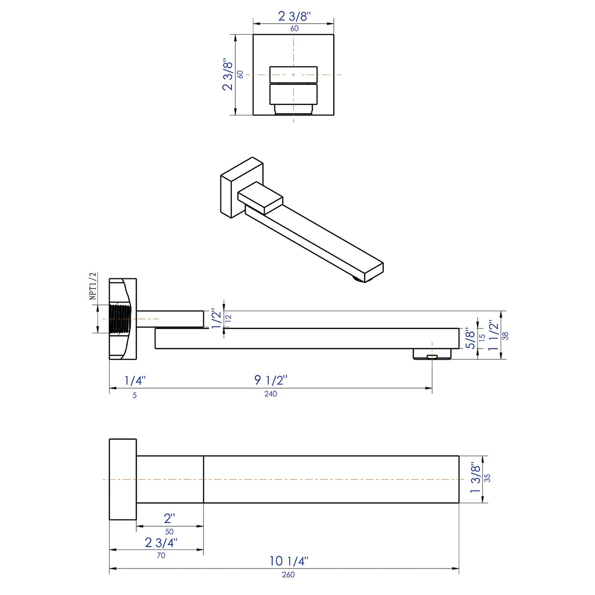 Black Matte Square Foldable Tub Spout