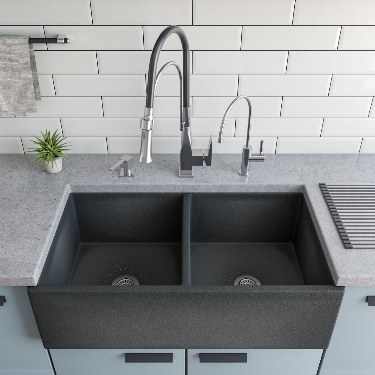 Brushed Nickel Square Kitchen Faucet with Black Rubber Stem