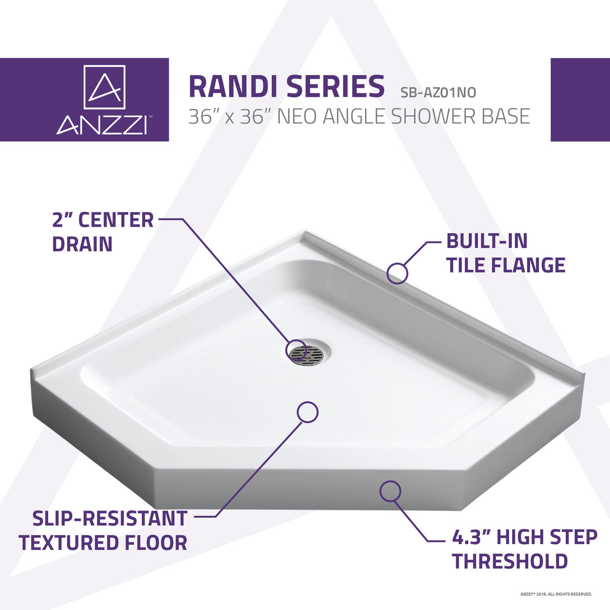 ANZZI SB-AZ01NO-R 36 in. x 36 in. Neo-Angle Double Threshold Shower Base in White