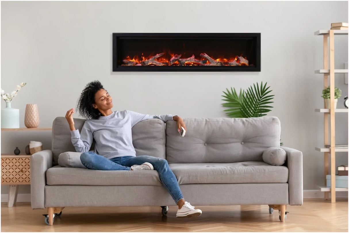 Amantii SYM-74-BESPOKE Symmetry Bespoke - 74" Indoor / Outdoor Electric Built In Fireplace featuring, WiFi Compatibilty & Bluetooth Connectivity, MultiFunction Remote, and a Selection of Media Options