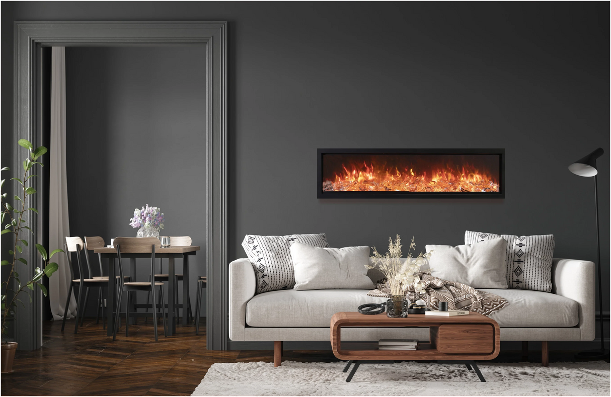 Amantii SYM-74-BESPOKE Symmetry Bespoke - 74" Indoor / Outdoor Electric Built In Fireplace featuring, WiFi Compatibilty & Bluetooth Connectivity, MultiFunction Remote, and a Selection of Media Options