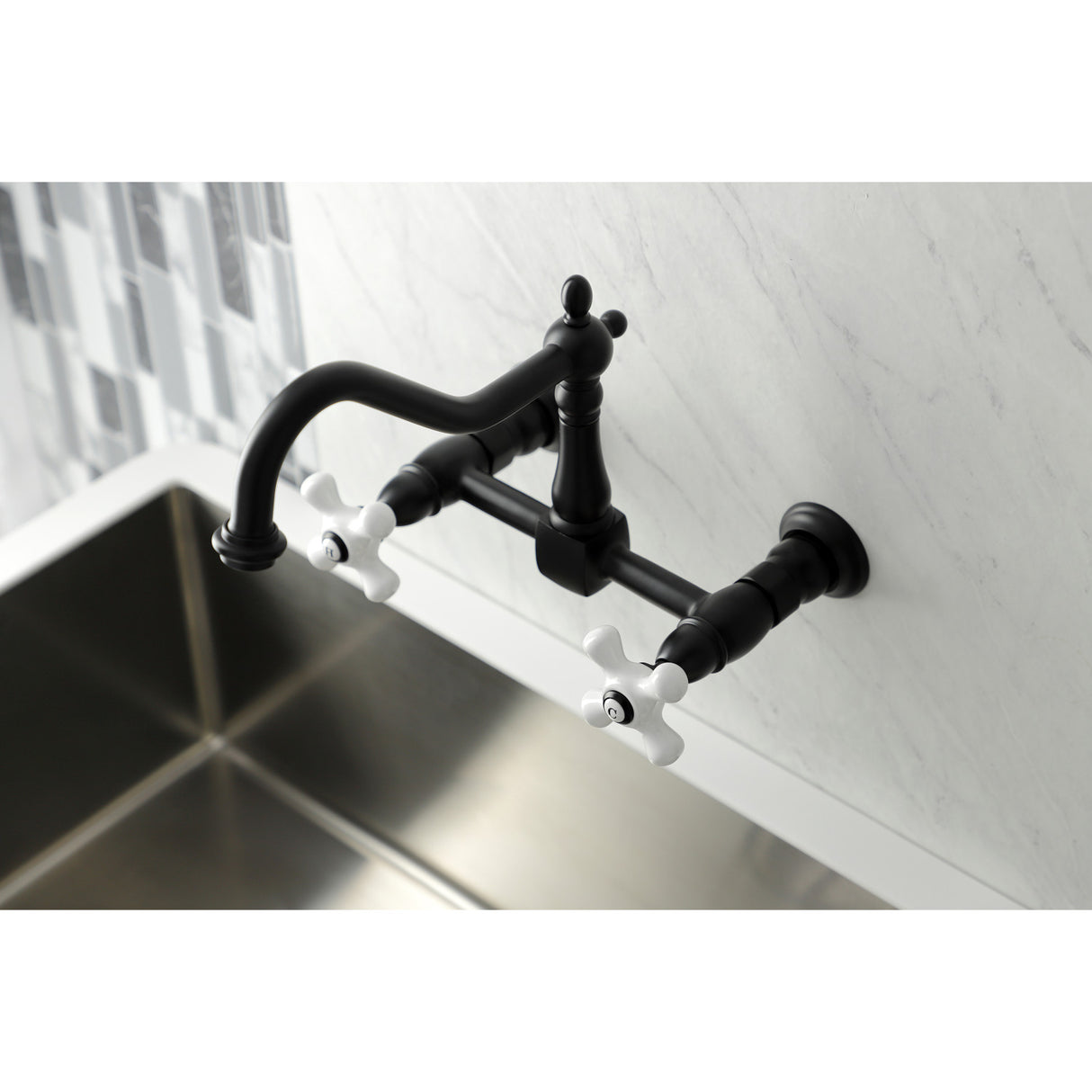 Kingston Brass KS1240PX Heritage Wall Mount Bridge Kitchen Faucet, Matte Black