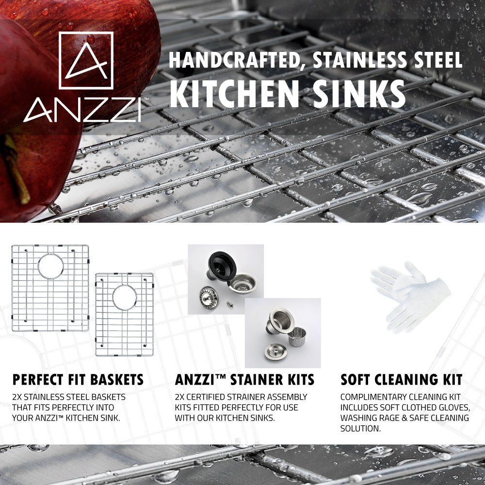 ANZZI KAZ3320-130 Elysian Farmhouse 33 in. Double Bowl Kitchen Sink with Sails Faucet in Brushed Nickel