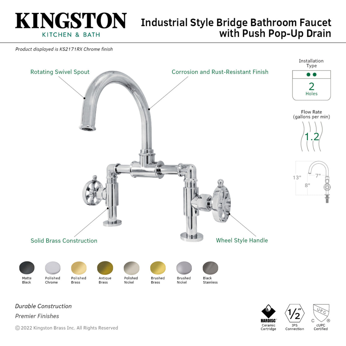 Kingston Brass KS2170RX Belknap Industrial Style Wheel Handle Bridge Bathroom Faucet with Pop-Up Drain, Matte Black