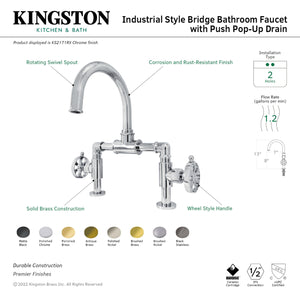 Kingston Brass KS2170RX Belknap Industrial Style Wheel Handle Bridge Bathroom Faucet with Pop-Up Drain, Matte Black