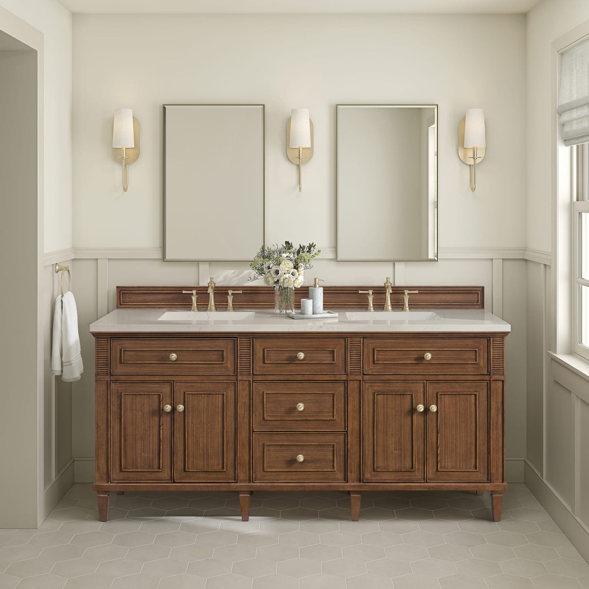 Lorelai 72" Double Vanity, Mid-Century Walnut, w/ 3 CM Siberian Silestone Top