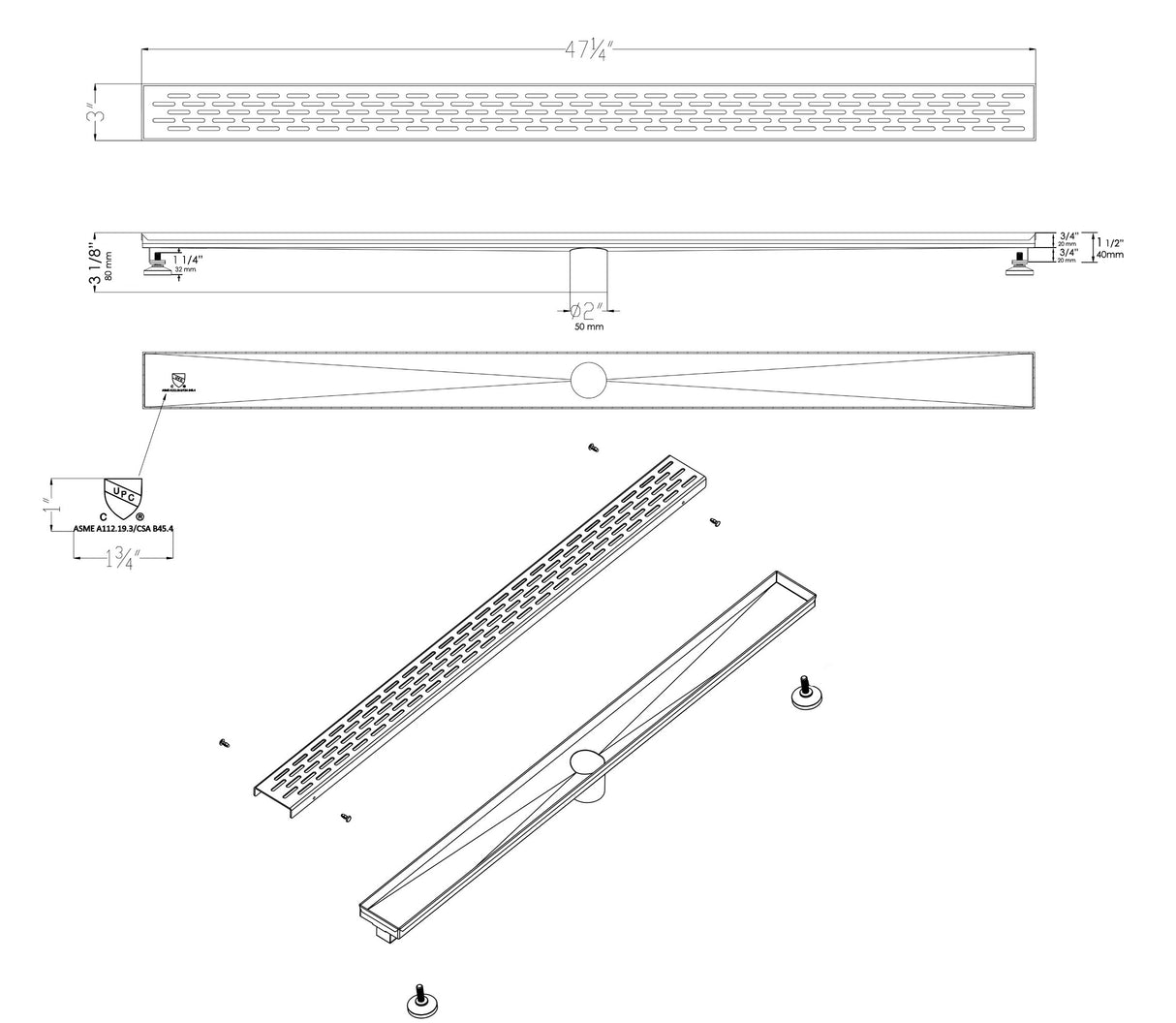ALFI brand 47" Black Matte Stainless Steel Linear Shower Drain with Groove Holes
