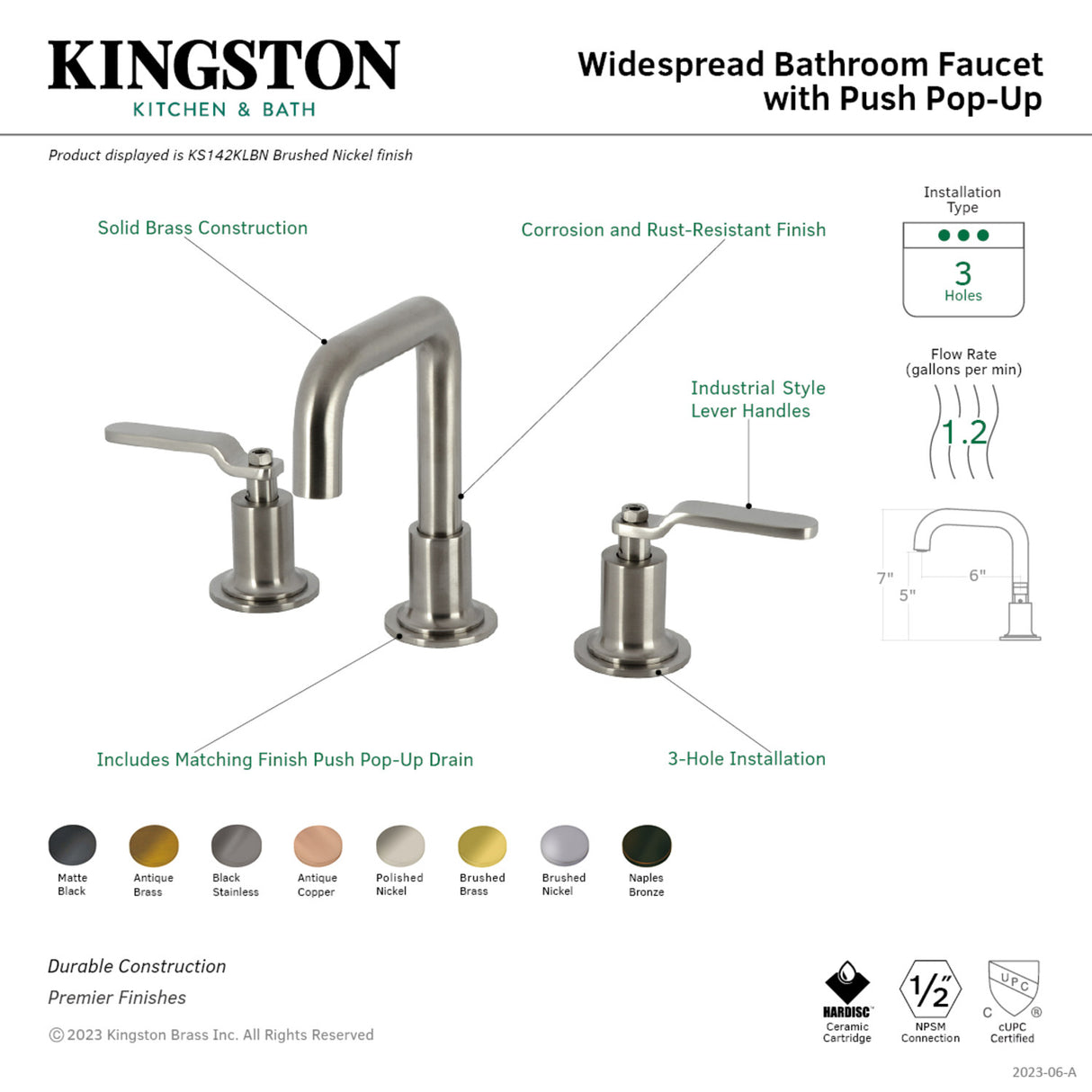Kingston Brass KS142KLMB Whitaker Widespread Bathroom Faucet with Push Pop-Up, Matte Black