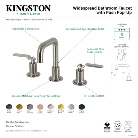 Kingston Brass KS142KLMB Whitaker Widespread Bathroom Faucet with Push Pop-Up, Matte Black