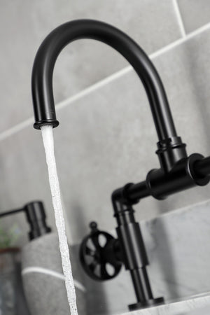 Kingston Brass KS2170RX Belknap Industrial Style Wheel Handle Bridge Bathroom Faucet with Pop-Up Drain, Matte Black