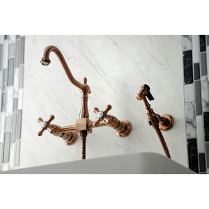 Kingston Brass KS124AXBSAC Heritage Wall Mount Bridge Kitchen Faucet with Brass Spray, Antique Copper