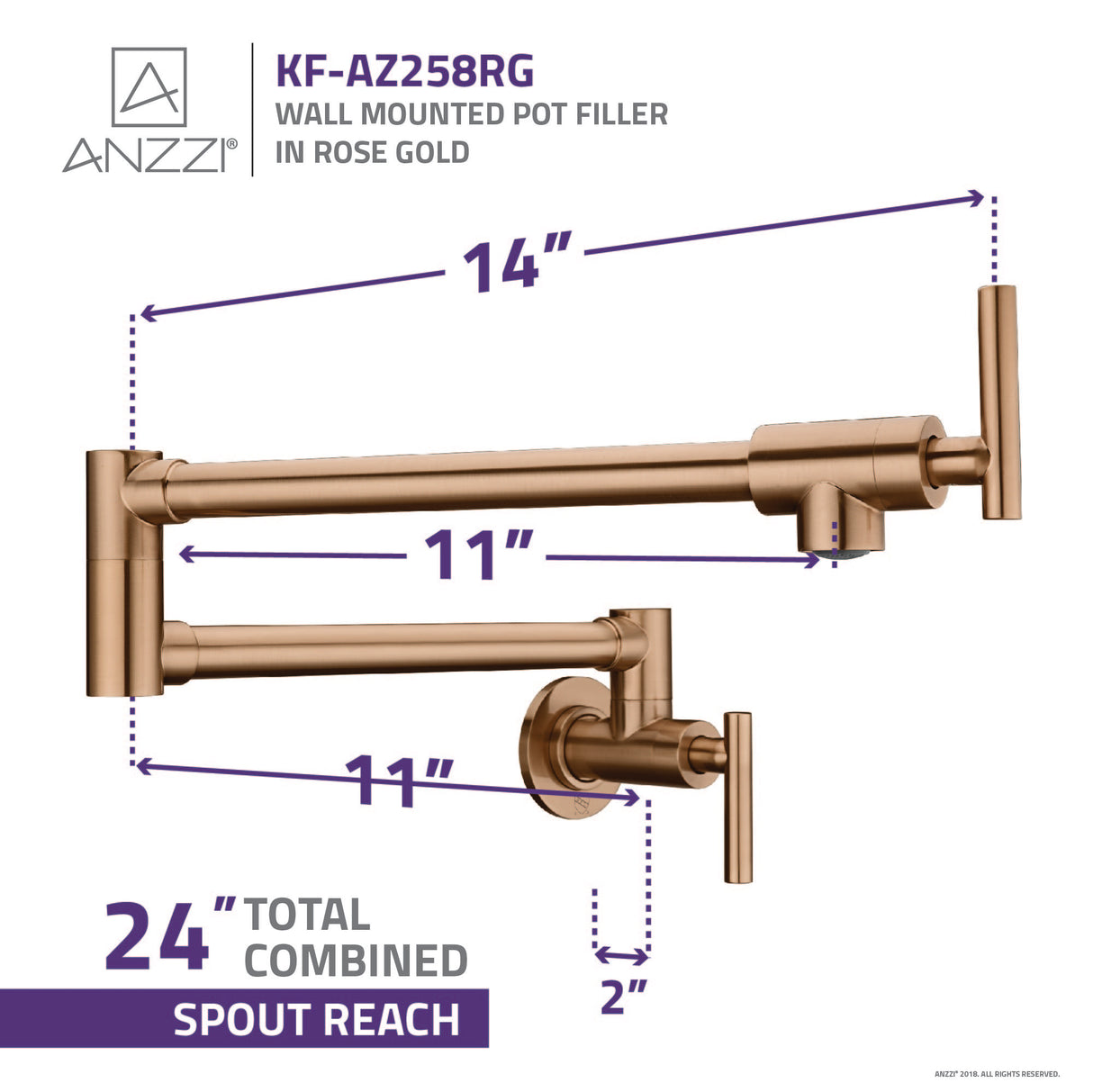 ANZZI KF-AZ258RG Braccia Series 24" Wall Mounted Pot Filler in Rose Gold