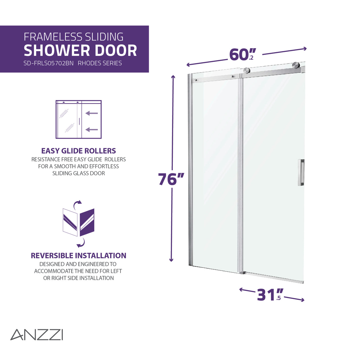 ANZZI SD-FRLS05702BNR Series 60 in. x 76 in. Frameless Sliding Shower Door with Handle in Brushed Nickel