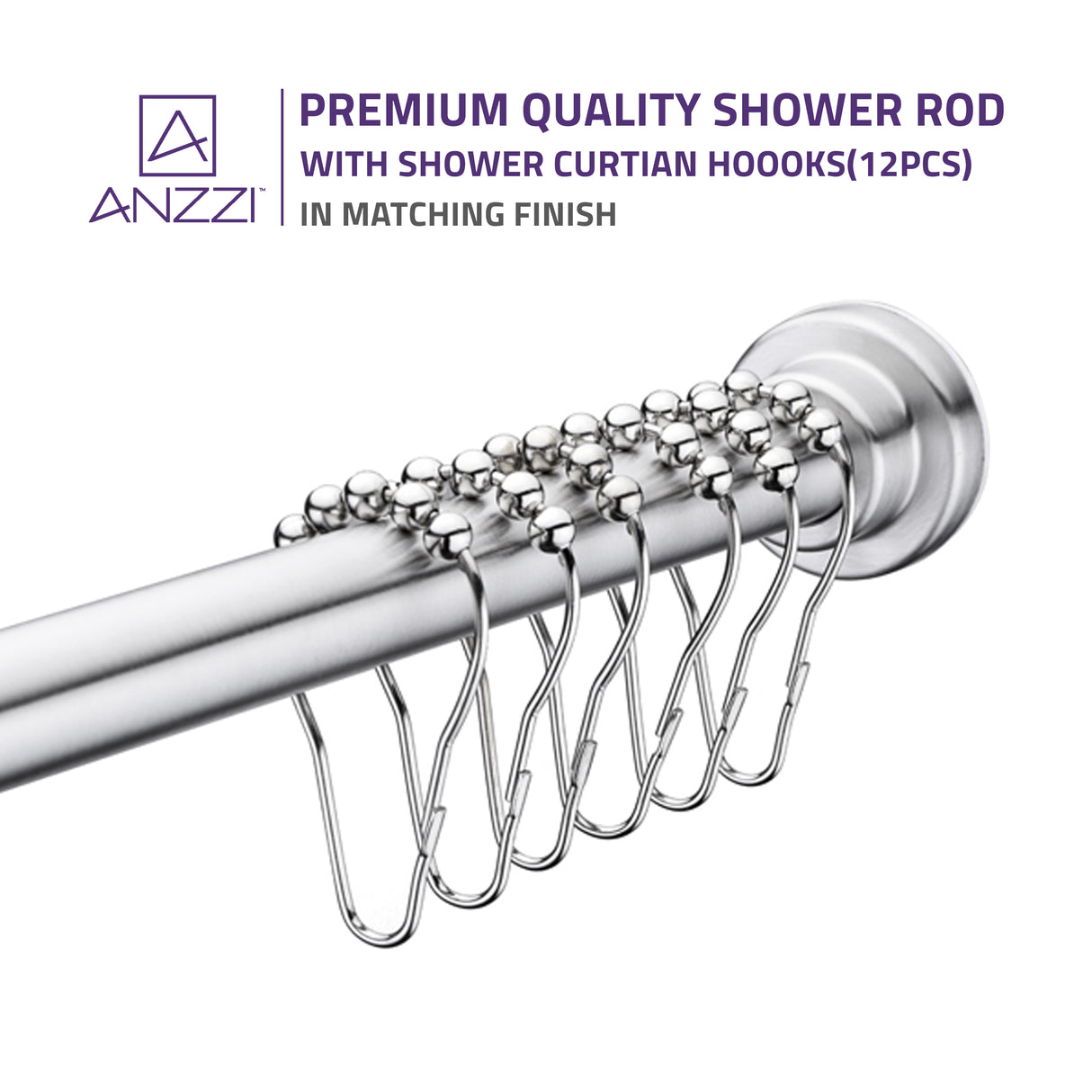 ANZZI AC-AZSR55BN 35-55 Inches Shower Curtain Rod with Shower Hooks in Brushed Nickel | Adjustable Tension Shower Doorway Curtain Rod | Rust Resistant No Drilling Anti-Slip Bar for Bathroom | AC-AZSR55BN