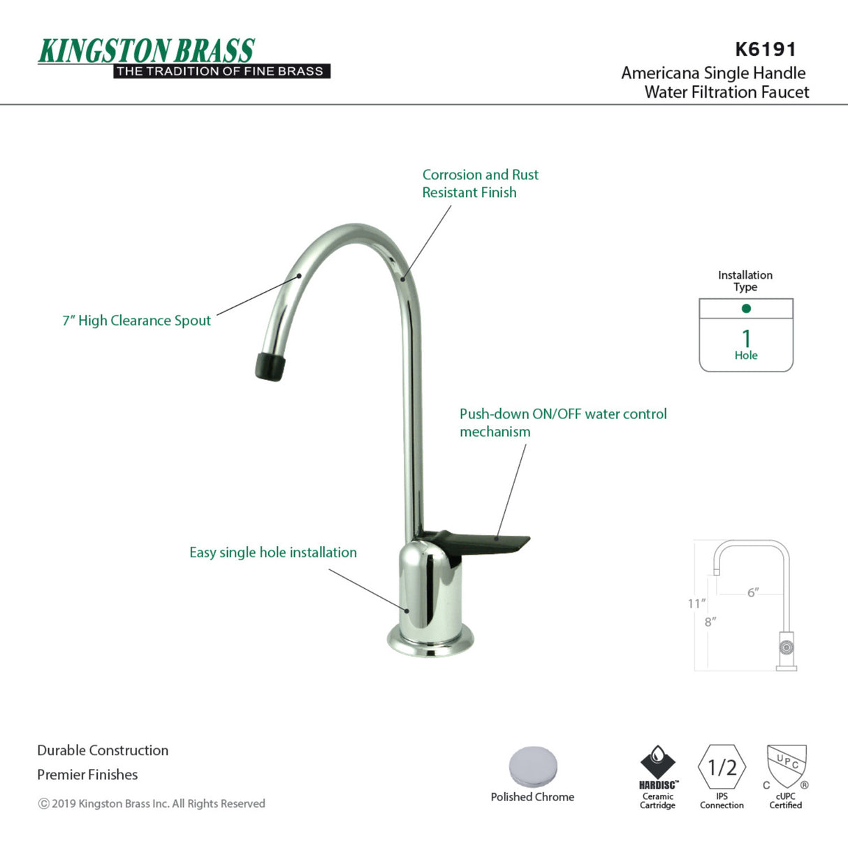 Kingston Brass K6191 Americana Single Handle Water Filtration Faucet, Polished Chrome