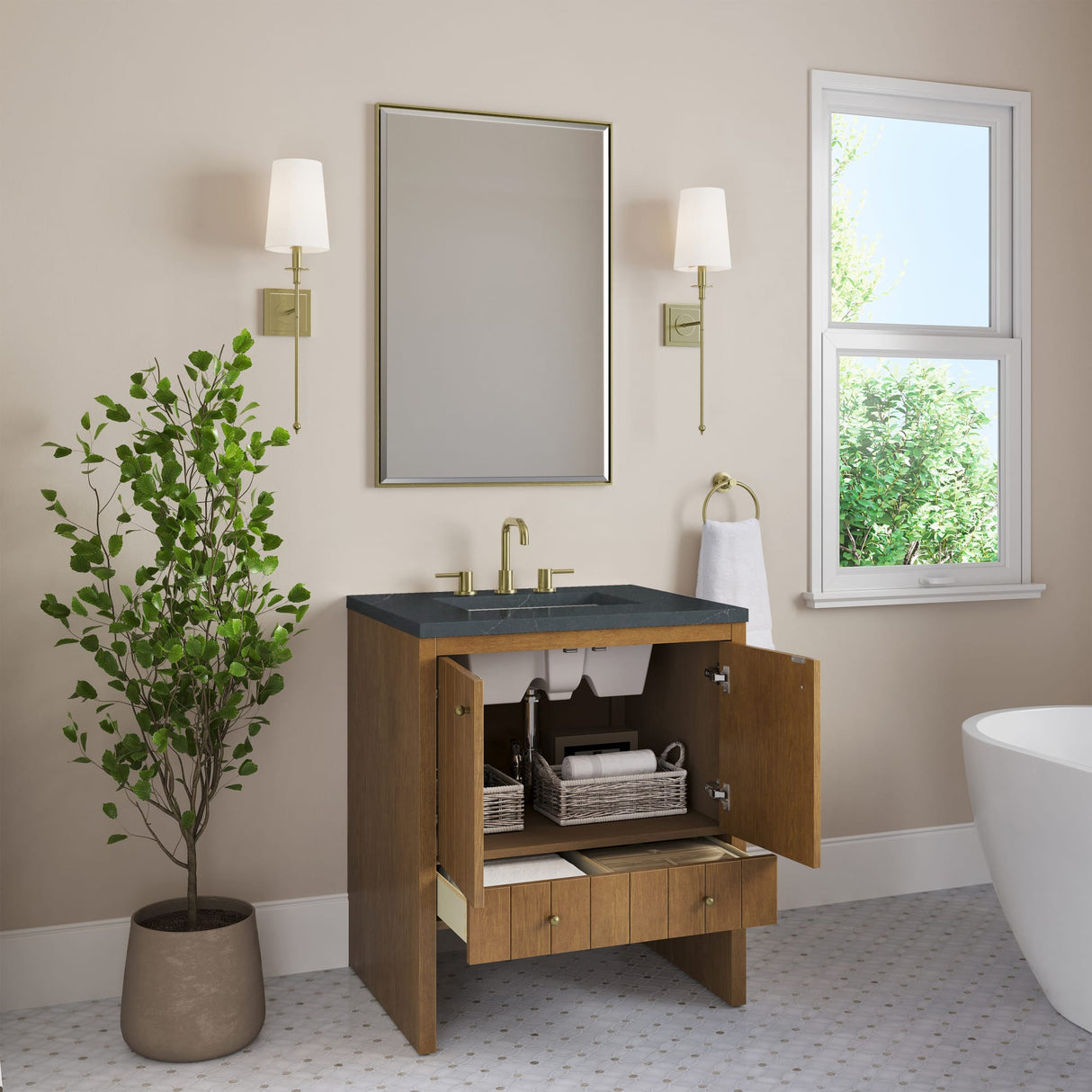 Hudson 30" Single Vanity, Honey Oak w/ 3 CM Charcoal Soapstone Silestone Top