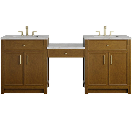 Bellshire 84" Dual Vanity Set with 24" Make-Up Counter, Honey Oak w/3 cm Victorian Silver Silestone Top