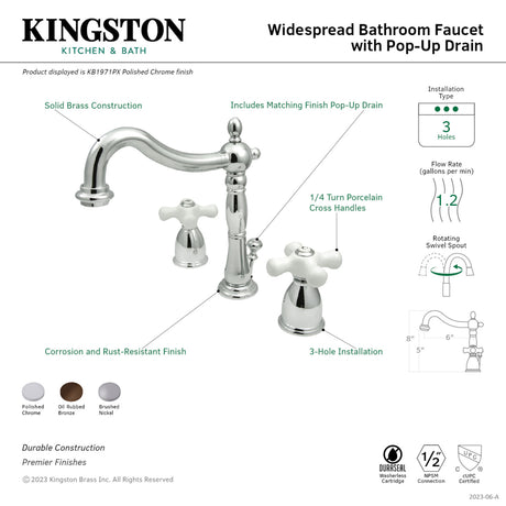 Kingston Brass KB1975PX Heritage Widespread Bathroom Faucet with Plastic Pop-Up, Oil Rubbed Bronze